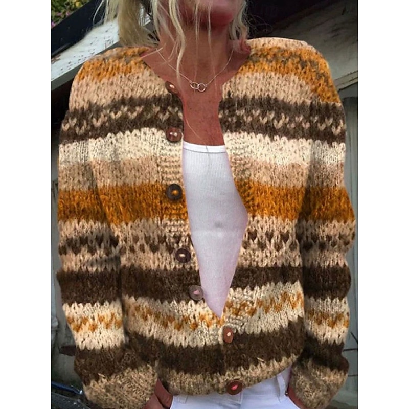 Women's Cardigan Sweater Knitted Ribbed Button Front Round Neck Long Sleeve Lightweight female Fashion Daily Casual Floral Geometric Striped Print Knit Outdoor Daily Date Yellow Orange Fall Winter2