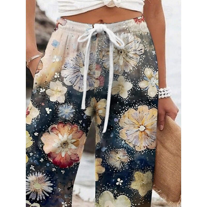 Women's Wide Leg Pants Trousers Vacation Casual Long High Waist Floral Elastic Waist Printing High Cut Breathability Soft Micro-elastic Vacation Street Daily Wear Dark Navy Spring Fall Regular Fit3