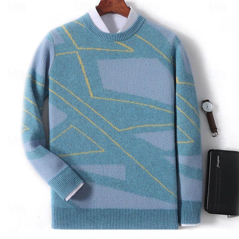 Men's Color Block Pullover Sweater Jumper Knitwear Crewneck Casual Vacation Daily 3D Print Keep Warm Long Sleeve Spring Fall Winter Lake blue Blue Brown4