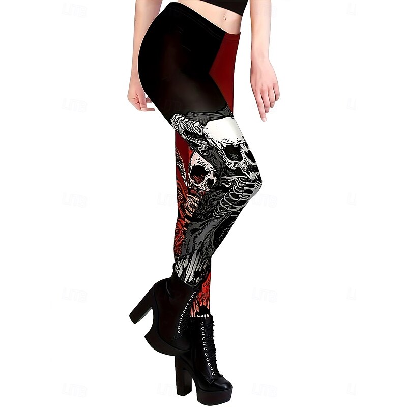 Women's Leggings Vacation Vintage Fashion Full Length High WaistPantsHalloween Graphic Color Block Skull Printing Soft Breathable Stretchy Outdoor Vacation Street claret Spring Fall Winter Skinny3