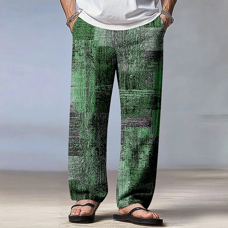 Men's Geometric Color Block Patchwork Pants Trousers Casual Pants Mid Waist Drawstring Elastic Waist Vintage Retro Outdoor Vacation Straight Leg Trousers Spring Fall 3D Print Blue Green