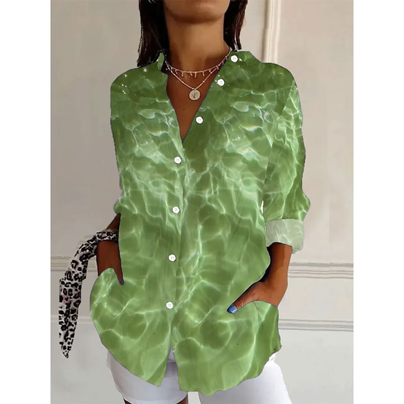 Women's Shirt Button Down Tunic Shirt Collar Long Sleeve Ombre Graphic 3D Elegant Vintage Tropical Bishop Sleeve Regular Tops Daily Holiday Print Red Blue Green Spring