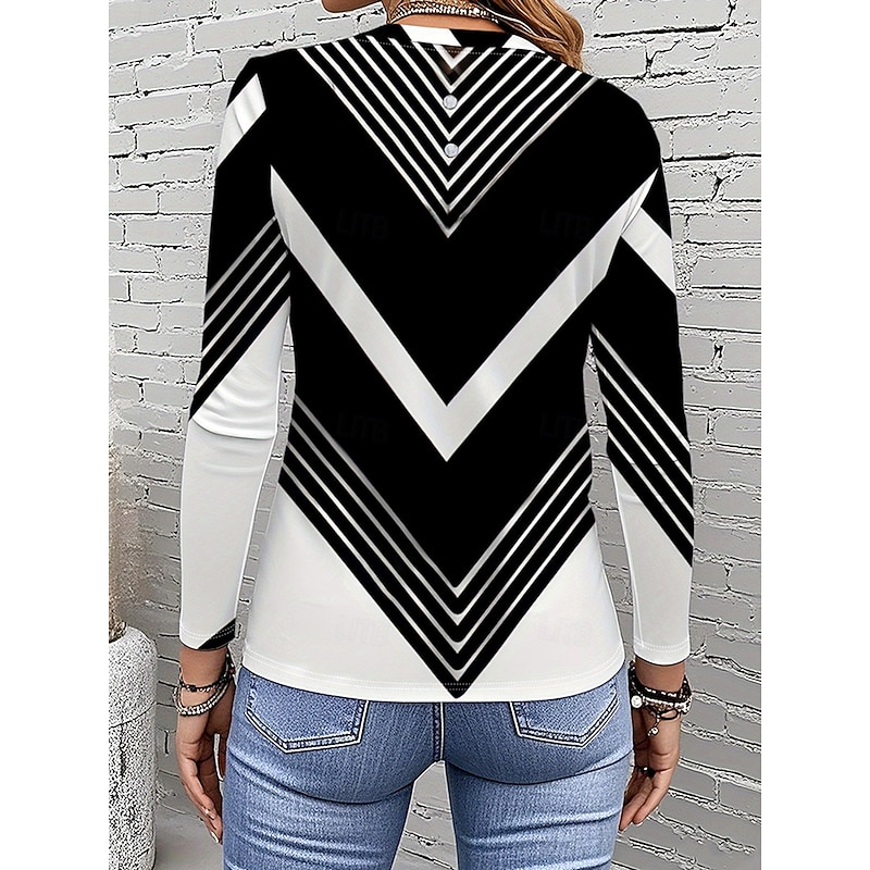 Women's T Shirt Graphic Geometric Striped Vintage Stylish Classic Long Sleeve Crew Neck Round Neck Regular Tops Daily Print Black and White Spring Fall Winter3