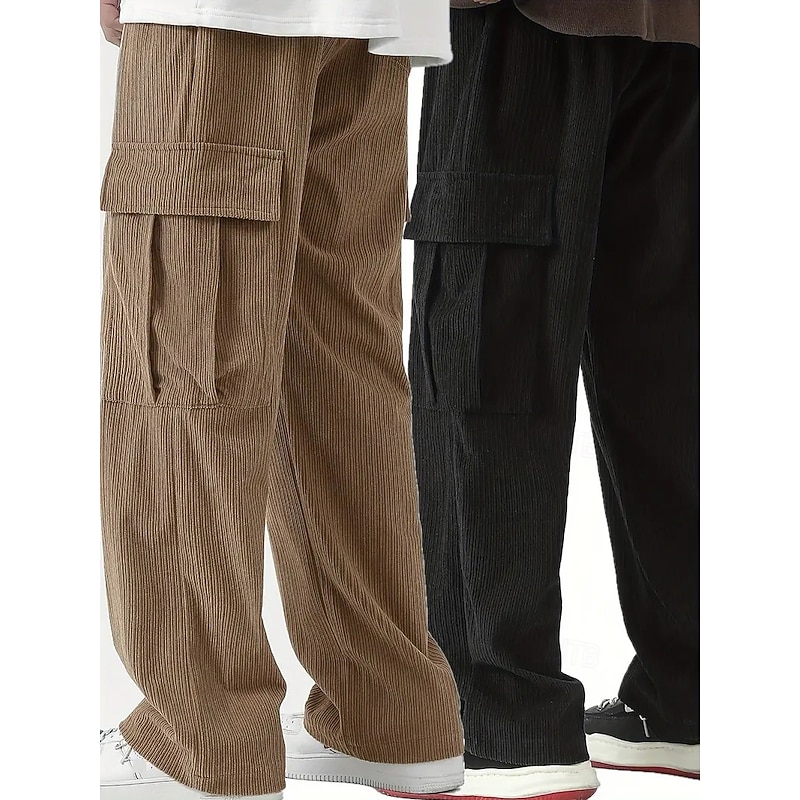 Multi Packs 2pcs Men's Black+Brown Sweatpants Corduroy Pants Trousers Drawstring Elastic Waist Plain Vacation Daily Wear Polyester Spring4