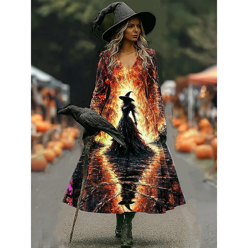Halloween Women's Witch Print Maxi Dress A Line Dress Vacation Casual Boho Beach Regular Fit Floral Graphic Hocus Pocus Long Sleeve V Neck Yellow Dark Green Purple Orange Spring Fall4