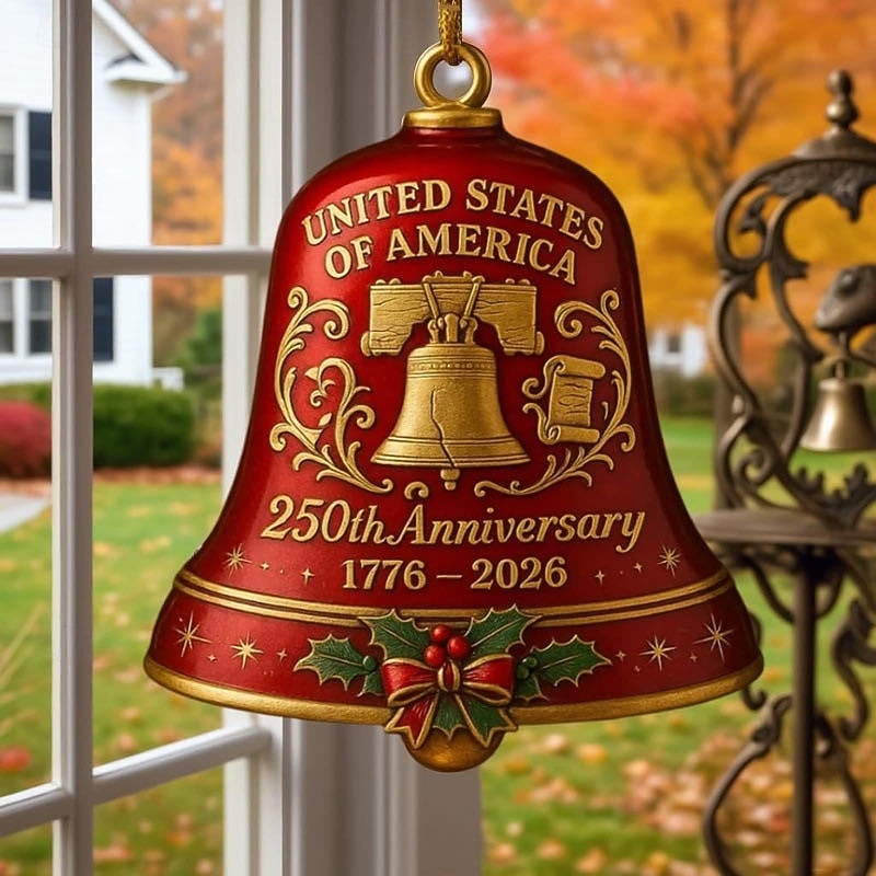 United States 250th Anniversary Christmas Bell Ornament Xmas Gold Vintage-Style Metal Commemorative Doorbell for Patriotic Holidays4