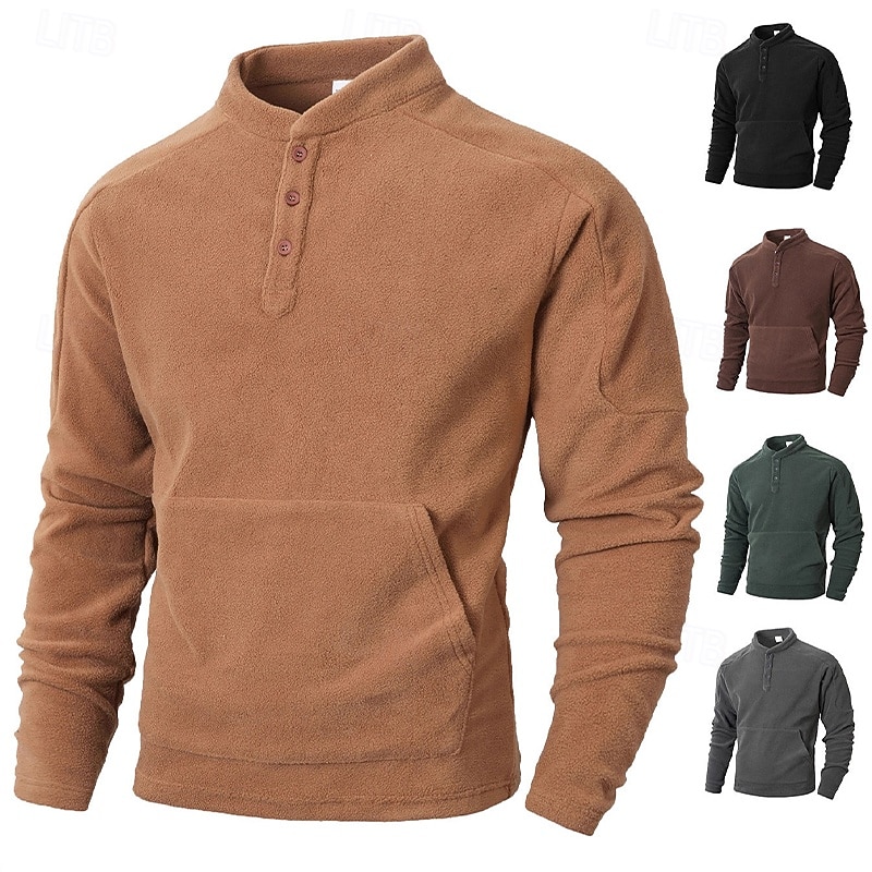 Men's Sweatshirt Fleece Sweatshirt Button Up Hoodie Black Dark Green Khaki Coffee Gray Standing Collar Plain Patchwork Sports & Outdoor Casual Daily Streetwear Cool Sportswear Fall Winter Clothing