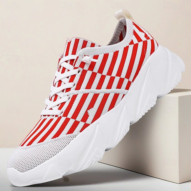 Men's Red and White Striped Mesh Sneakers – Lightweight Breathable Sports Shoes for Running, Gym and Casual Streetwear