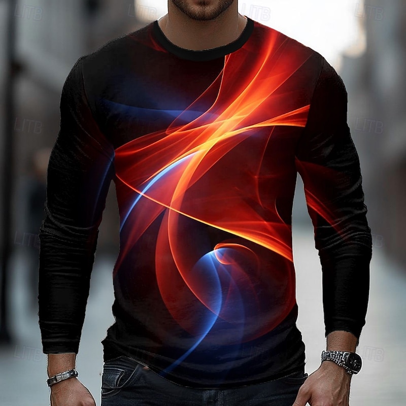 Men's Geometric Line T Shirt Long Sleeve T shirt 3D Print Crew Neck Shirt Fashion Daily Basic Street Casual Daily Yellow Red Purple Summer Spring Clothing Apparel S M L XL XXL XXXL