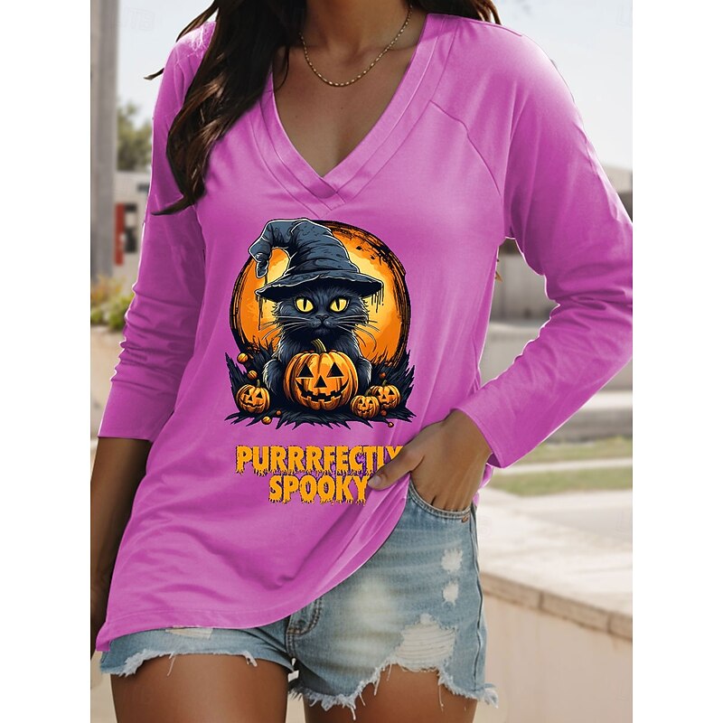 Halloween Women's T shirt Witch Long Sleeve Graphic Cat Pumpkin Vintage Stylish Classic Long Sleeve V Neck Regular Tops Daily Print Pink Blue Purple Orange Spring Fall Prefall4