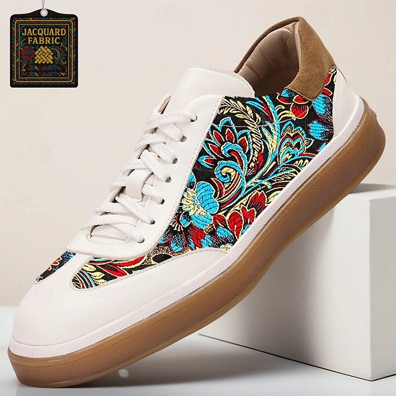 Men's White Jacquard Sneakers with Floral Design – Comfortable and Stylish Casual Shoes for Everyday & Special Occasions