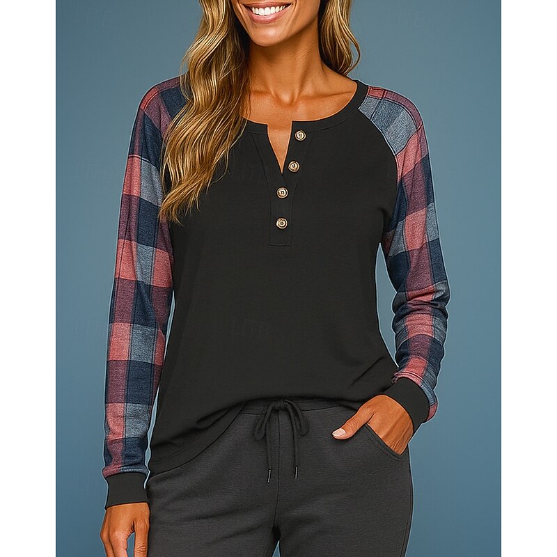 Women's Pullover Sweatshirt Casual Tops Long Sleeve Top Athleisure Fall Plaid Checkered Fashion Outdoor Travel Sportswear Activewear Black White3