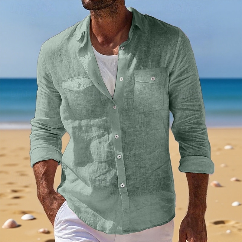 Men's Shirt Linen Shirt Summer Shirt Beach Wear Button Up Shirt Cargo Shirt Solid Color Vacation Holiday White Blue Green Khaki Long Sleeve Lapel Summer Clothing Apparel Pocket - Main Image