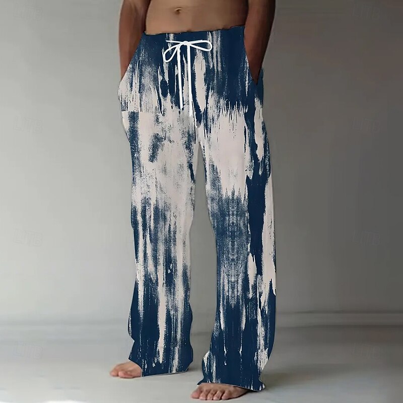 Men's Abstract Gradient Color Trousers Baggy Pants Casual Pants Mid Waist Casual Outdoor Vacation Elastic Drawstring Waist Linen-Like Pants with Pockets Spring Fall 3D Print Black Blue Dark Blue
