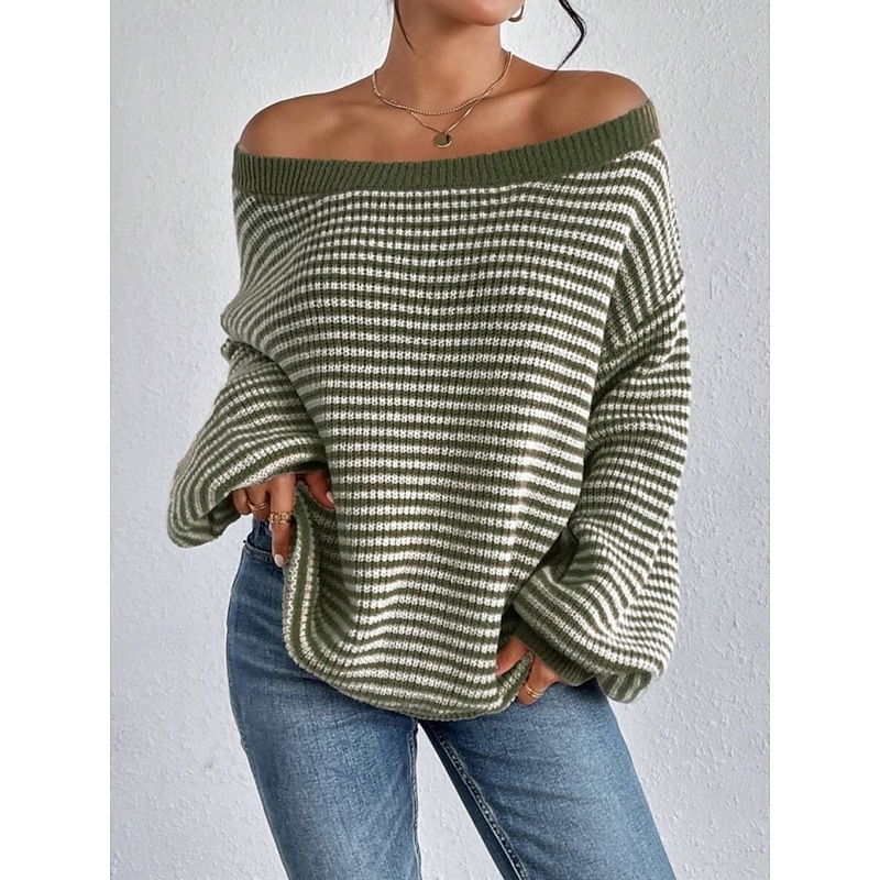 Women's Sweater Casual Soft Striped Ribbed Boat Neck Knitted Long Sleeve Regular Tops Knit Outdoor Daily Weekend Black Red Fall Winter