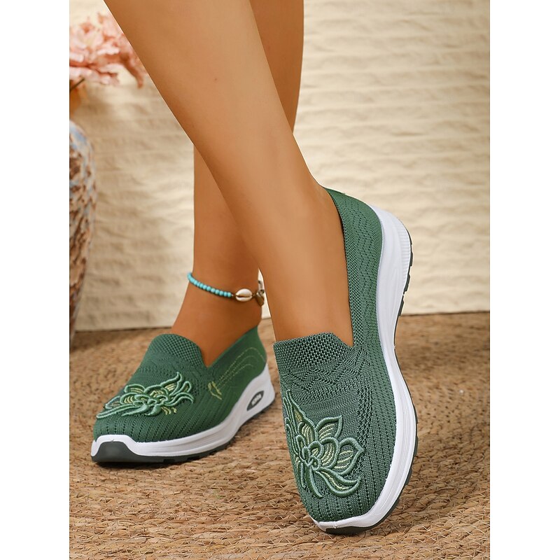 Women's Green Embroidered Slip-On Walking Shoes – Breathable Knit Casual Sneakers with Arch Support for Travel, Work & Daily Wear2