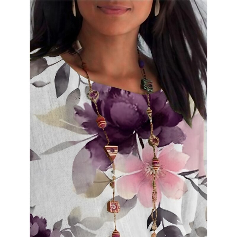 Women's Shirt Floral Daily Casual 3/4 Length Sleeve Crew Neck Regular Tops Daily Holiday Print Purple Summer Spring Fall2