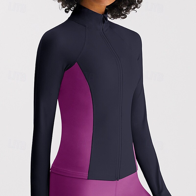 Women's Workout Jacket Lightweight with Thumbholes Long Sleeve Sports Color Block Top For Gym Athletic Running Slim Activewear
