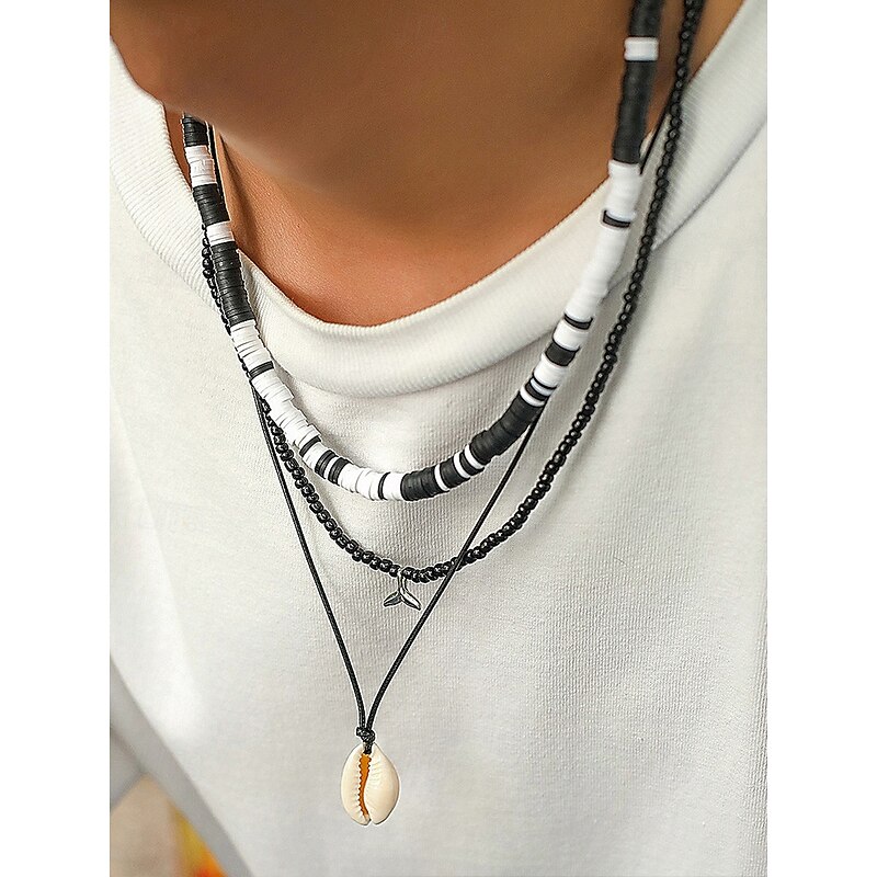 Men's 3-Piece Beach Necklace Set – Black and White Resin Beads, Shell Pendant & Wax Rope Chain – Surfer Style Jewelry for Summer, Festivals and Casual Outfits2