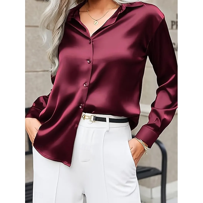 Women's Shirt Work Shirt Solid Color Graphic Elegant Stylish Casual Long Sleeve Shirt Collar Regular Tops Work Party Evening Wear Daily Glitter Pink Wine Navy Blue Camel Green Spring, Fall, Winter