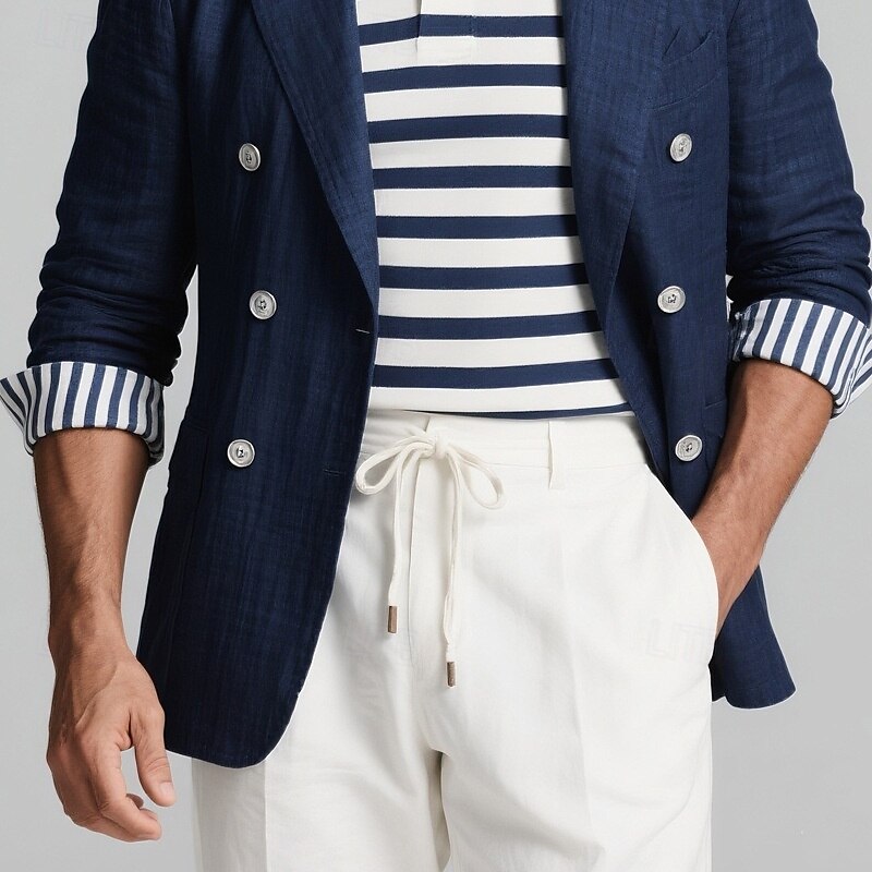 Men's Blazer Business Cocktail Party Wedding Party Fashion Casual Spring Fall Polyester Stripes Pocket Buttons Comfortable Double Breasted Blazer Blue3