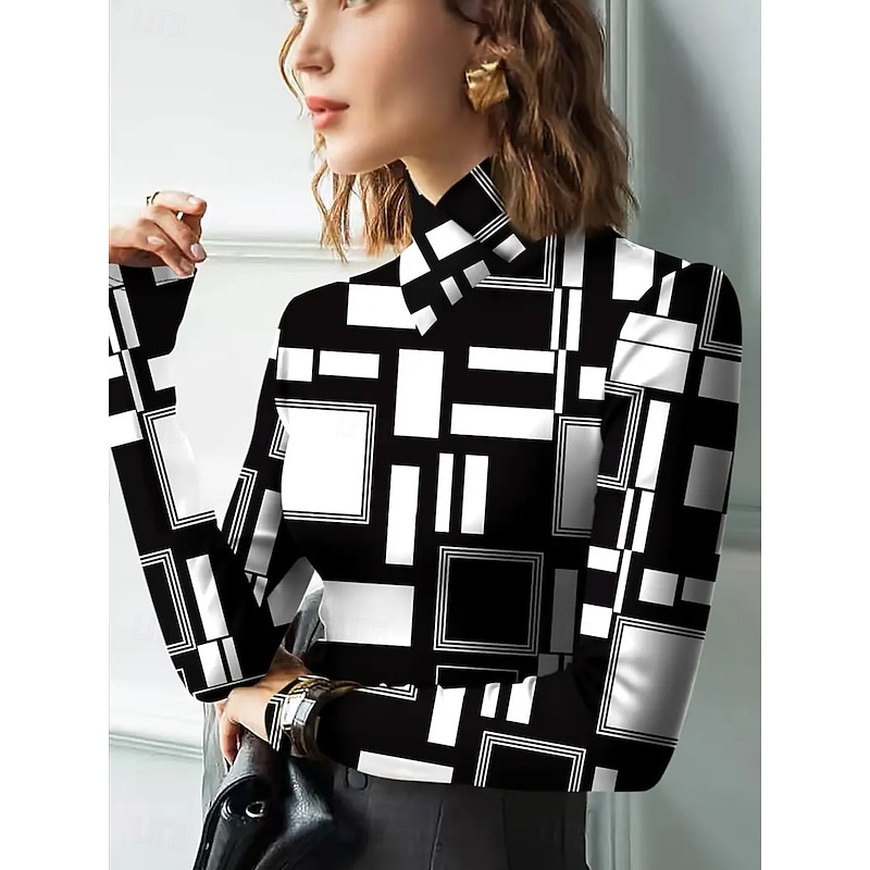 Women's T Shirt Graphic Geometric Elegant Vintage Stylish Long Sleeve High Neck Asymmetric Neck Regular Tops Daily Print Tiered Black Pink Blue Purple Green Spring Fall Winter2