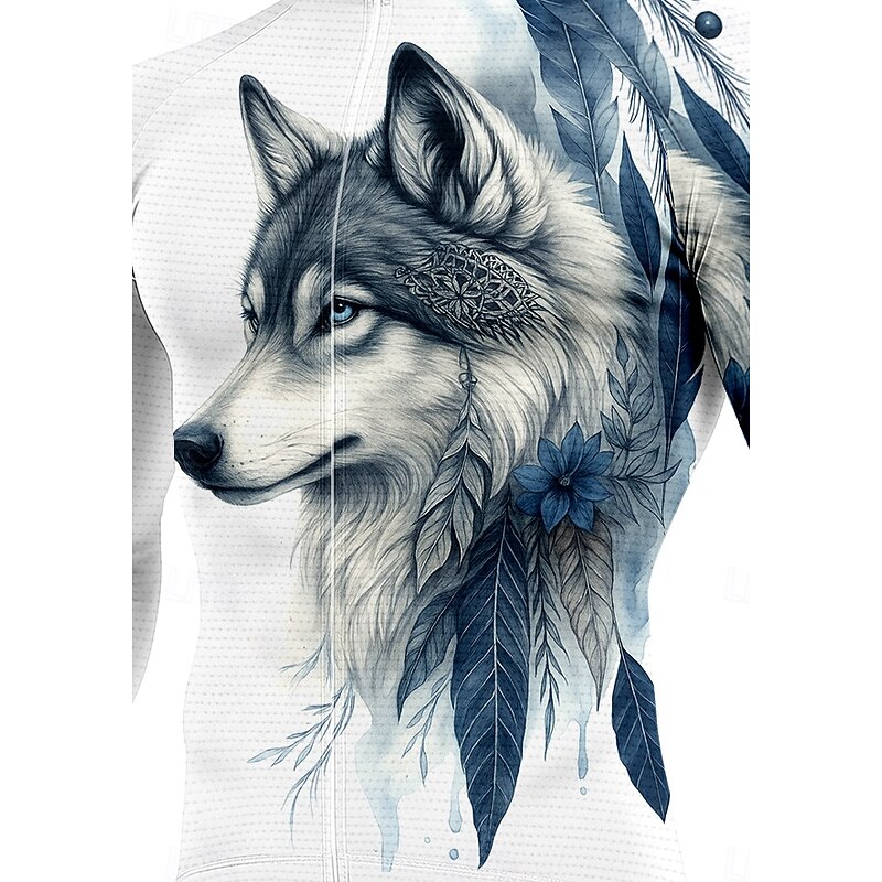 Men's Tops Cycling Jersey Graphic Wolf animal print Long Sleeve Bike Jersey Top with 3 Rear Pockets Sun Sun Protection Sunscreen Quick Dry Sports Blue Clothing Apparel3