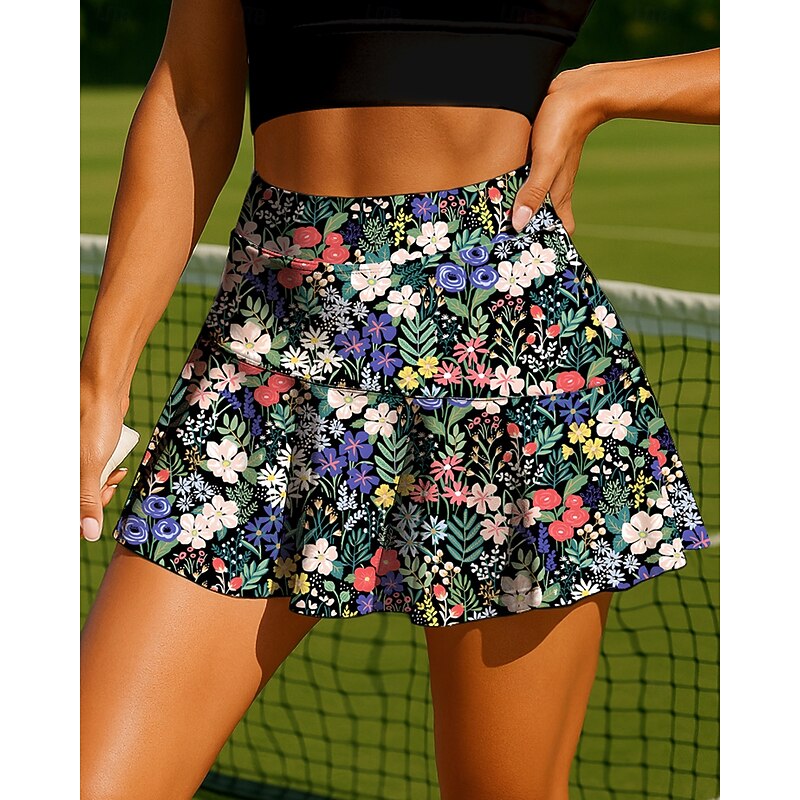Women's Plants Floral Floral Botanical Tennis Skirts Patchwork Pocket 2 in 1 UPF50+ UV Resistant Multi layer Volleyball Tennis Badminton Shorts Skirt Black Tennis Clothing