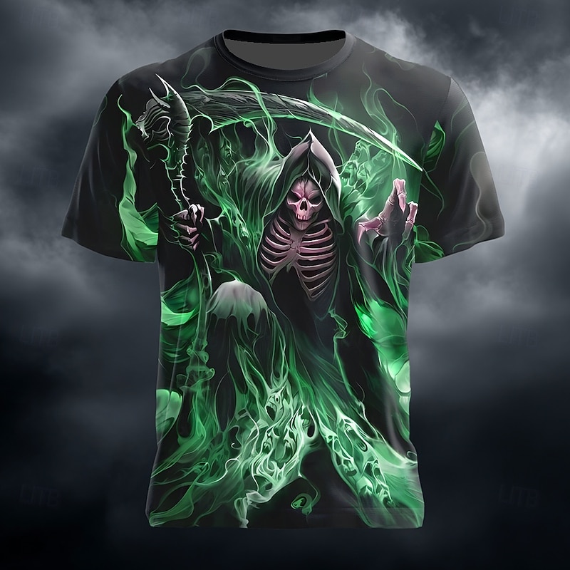 Halloween Men's Grim Reaper 3D Reaper T Shirt Short Sleeve T shirt 3D Print Crew Neck Shirt Exaggerated Designer Horror Party Street Holiday Blue Green Summer Spring All Seasons Clothing Apparel S M2