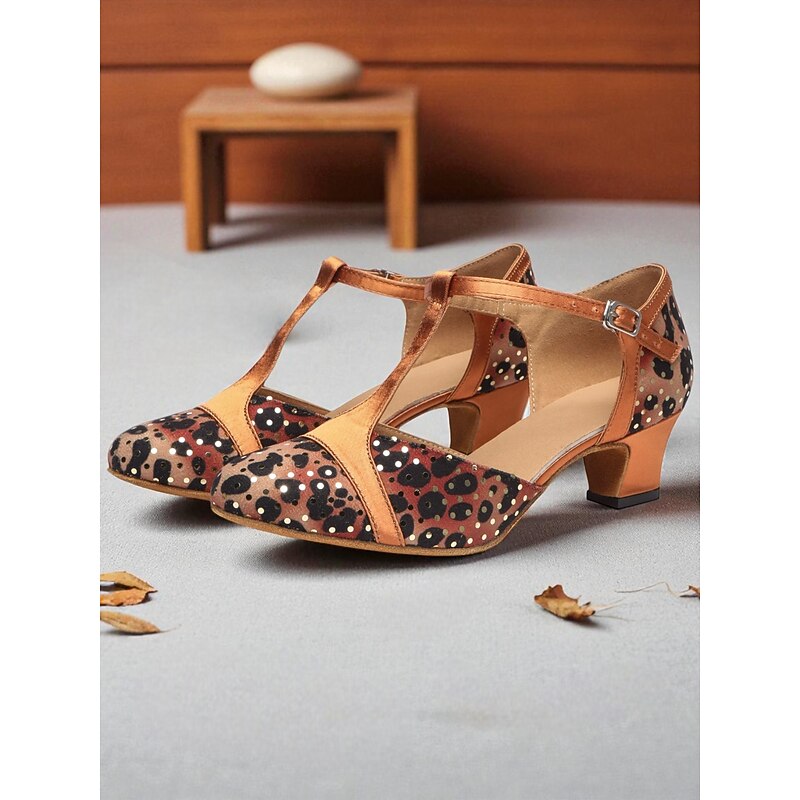 Women's Leopard Print Satin T-Strap Dance Shoes with Low Heel - Professional Ballroom and Latin Performance Footwear3