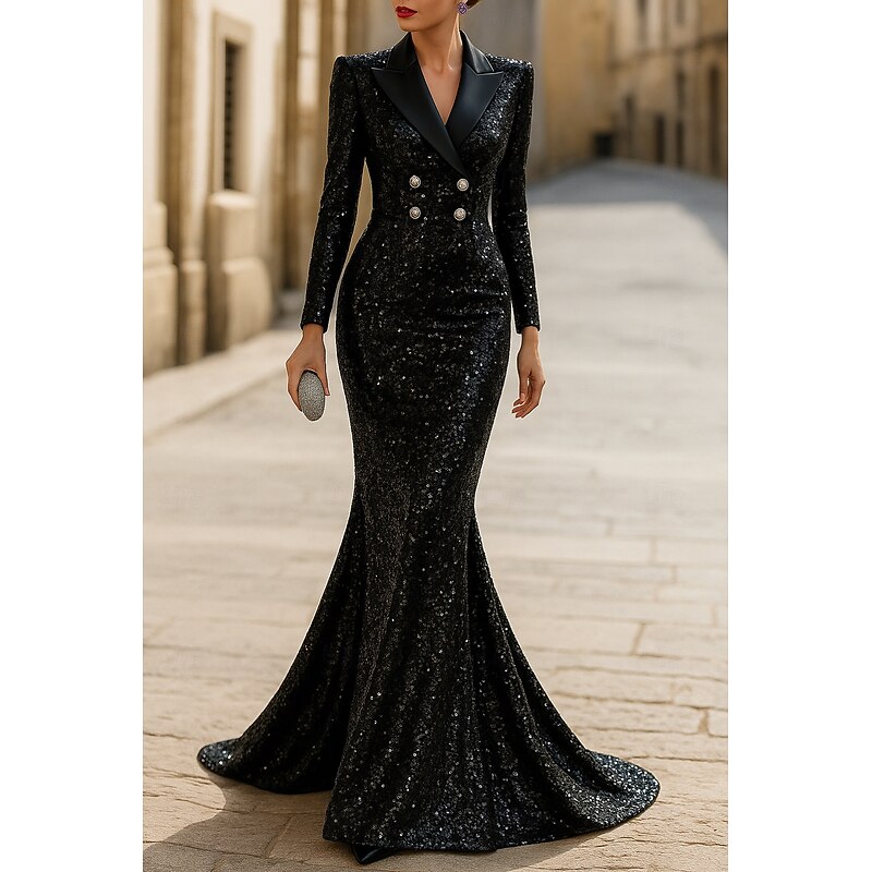 Tuxedo Dress Mermaid / Trumpet Mermaid Formal Wedding Wedding Guest Sequin Elegant Glittering Long Sleeve Floor Length Peak Lapel Double Breasted