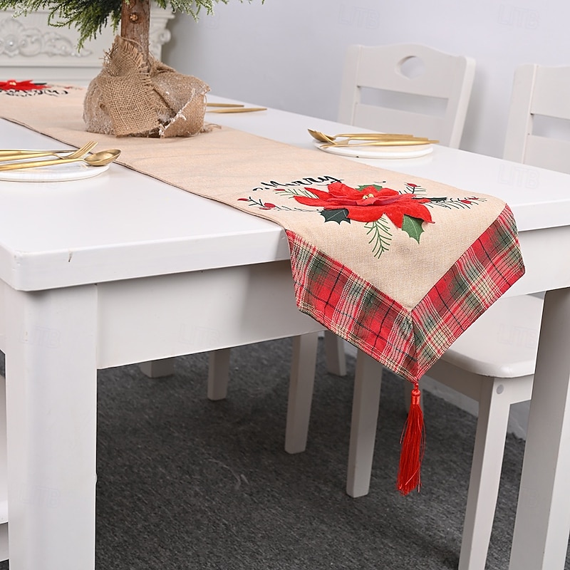 Christmas Table Runner Large Red Flower Burlap Design Natural Linen Tablecloth Festive Holiday Dining Table Decoration with Tassels Perfect Seasonal Home Accent2