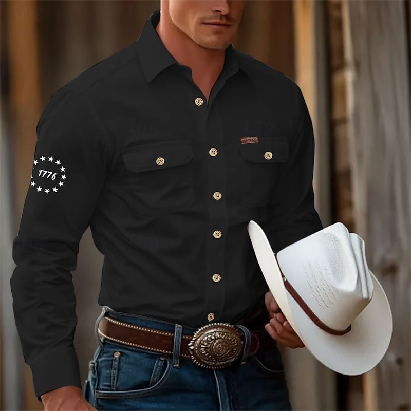 Men's 1776 Work Shirt Western Shirt Cargo Shirt Long Sleeve Tactical Vintage Retro Sports Outdoor WorkWear Spring Fall Turndown Front Two Pockets Button Up Shirts Black White Army Green Blue Khaki4