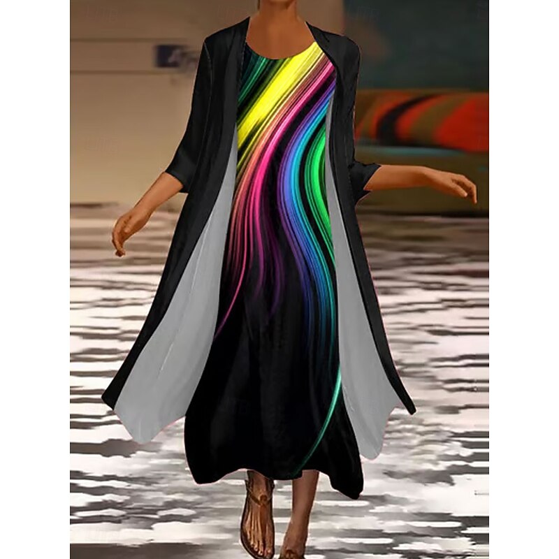 Women's Dress Set Shift Dress Summer Dress Casual Ombre Graphic Layered Print Midi Dress 3/4 Length Sleeve Crew Neck Daily Black White Green Spring Fall Regular Fit