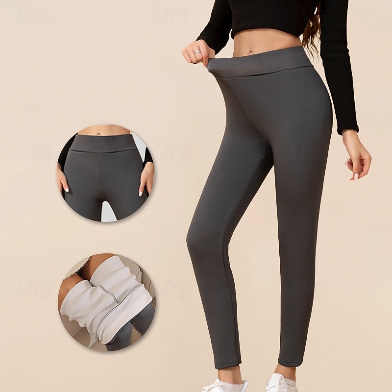 Women's Sherpa Pants Winter Warm Thick Leggings Fleece Lined High Waist Gym Athletic Pilates Bottoms Solid Color Black Dark Black Sports Activewear