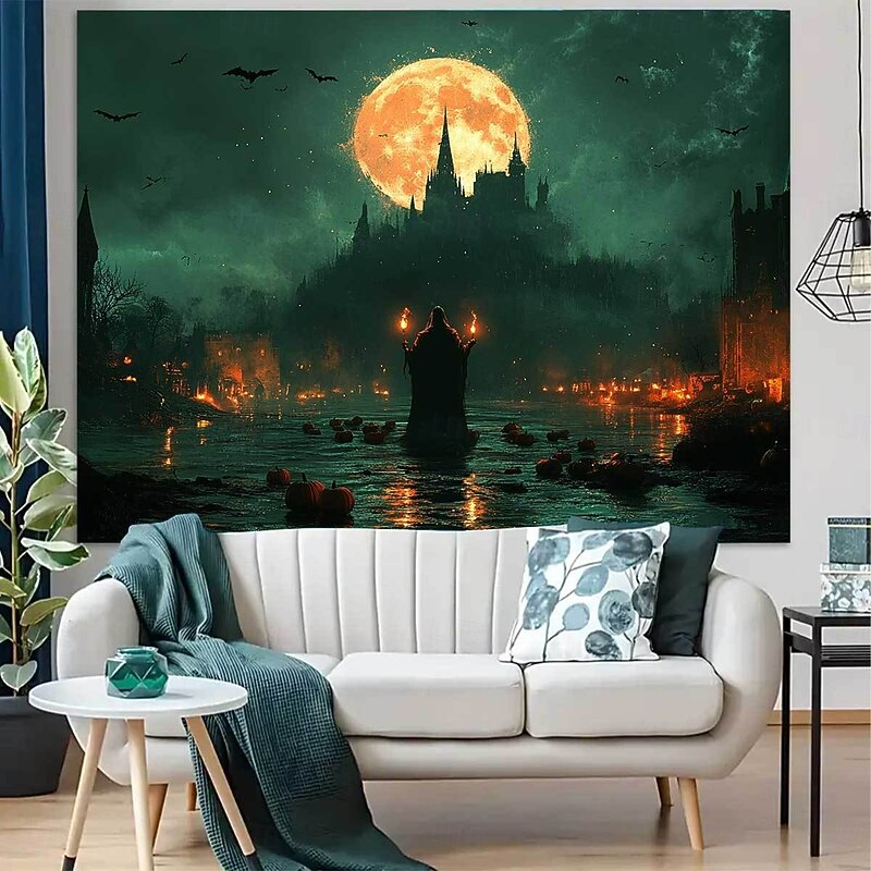 Skull in the Sky Halloween Tapestry – Spooky Graveyard Wall Hanging with Full Moon & Fog, Gothic Horror Decoration for Haunted Room Aesthetic4