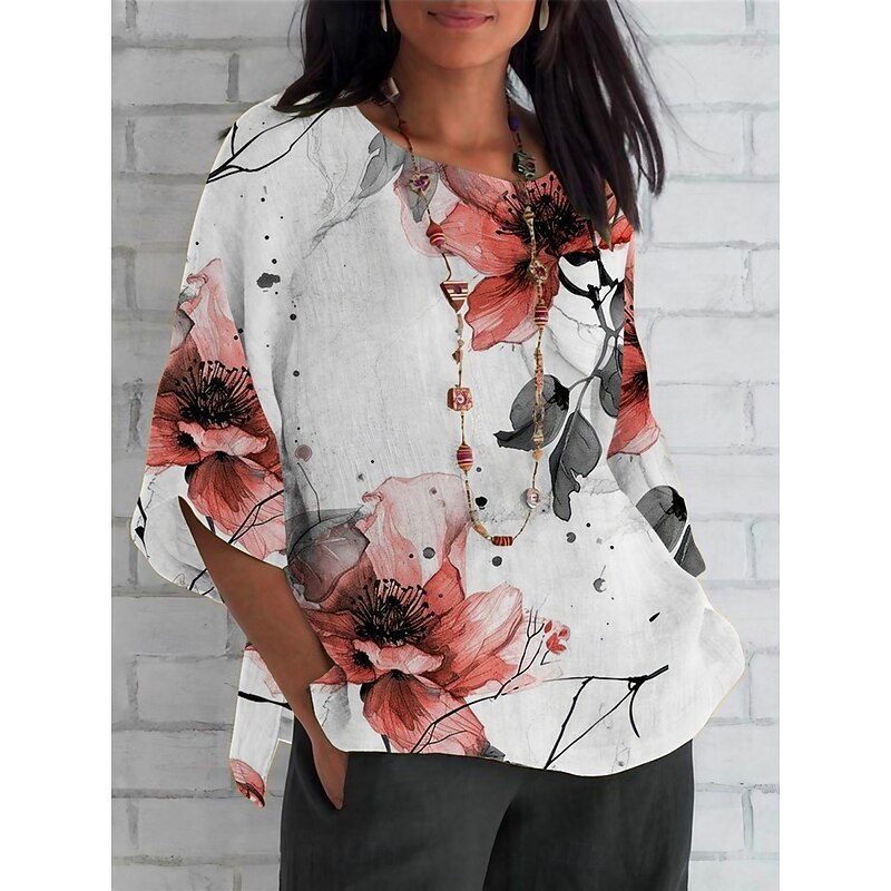 Women's Shirt Floral Daily Casual 3/4 Length Sleeve Crew Neck Regular Tops Daily Holiday Print Red Summer Spring Fall