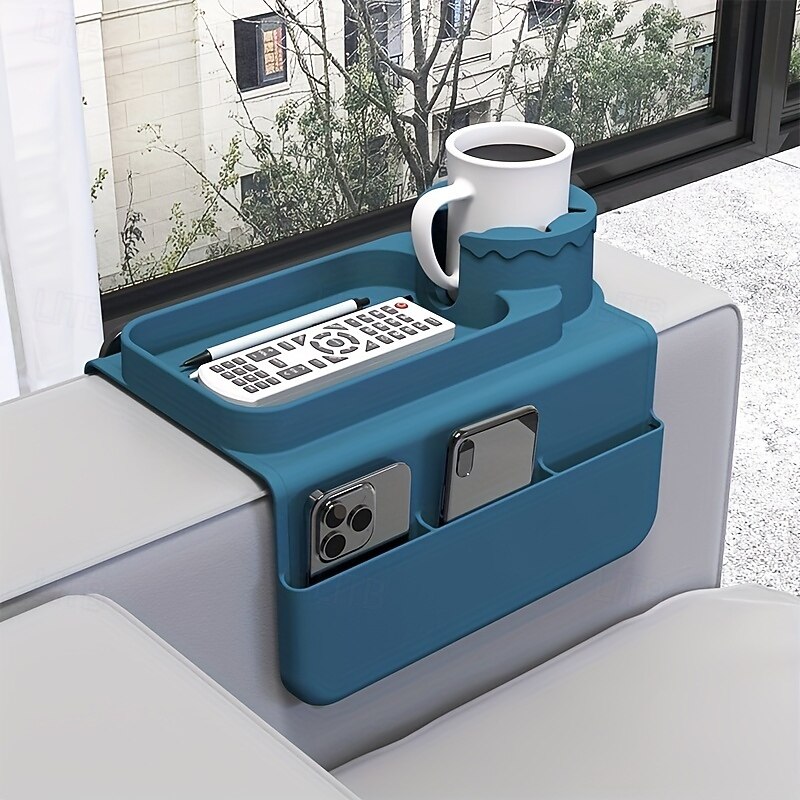 1pc Multifunctional Silicone Armrest Cup Holder Tray Non-Slip Sofa Armrest Tray with Cup Holder - Heat-Resistant Couch Coaster, Organizer with Side Pockets for Remotes, Phones, Books