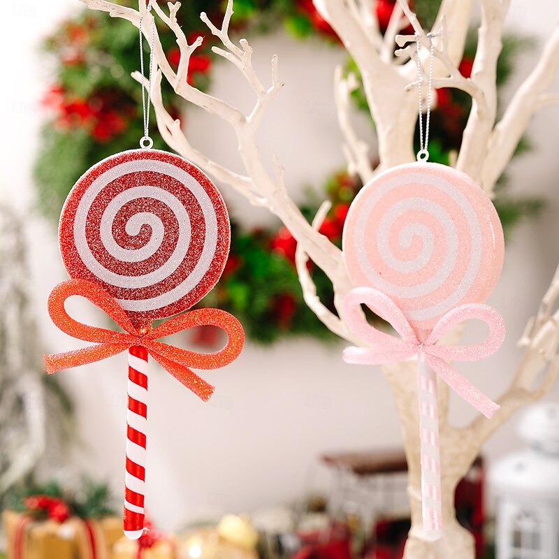 2Pcs Christmas Candy Cane Ornaments, Red Lollipop Hanging Decorations with Pink Bow, Artificial Candy for Xmas Tree, Colorful Candy Decor for Kids Gift
