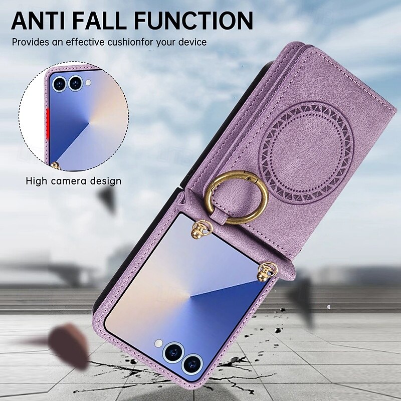 Phone Case For Samsung Galaxy Z Flip 7 Z Flip 6 Z Flip 5 Z Flip 4 Back Cover with Lanyard Support Wireless Charging Kickstand Retro TPU PU Leather4