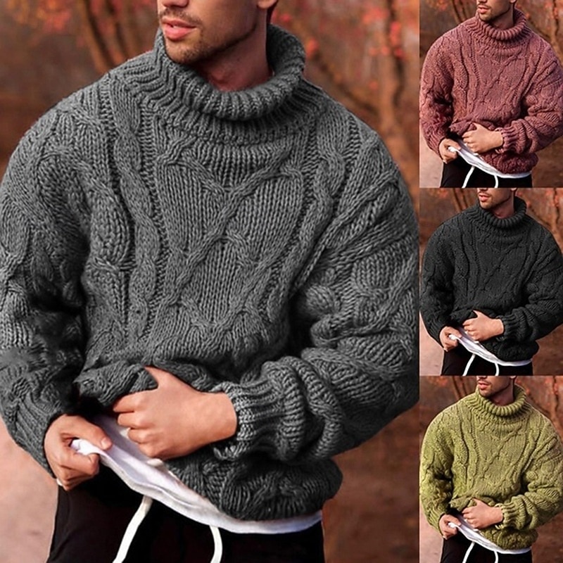 Men's Sweater Pullover Sweater Jumper Cable Knit Regular Tops Knitted Slim Fit Plain Turtleneck Knitwear Contemporary Casual Daily Wear Clothing Apparel Fall Winter Black Pink M L XL