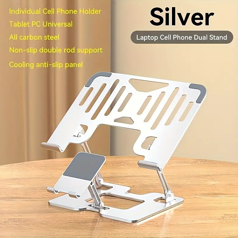 2-in-1 Adjustable Carbon Steel Mobile Phone & Laptop Stand With Tablet Holder - Foldable Design 180 Height Adjustment Suitable For Computers Tablets And Smartphones