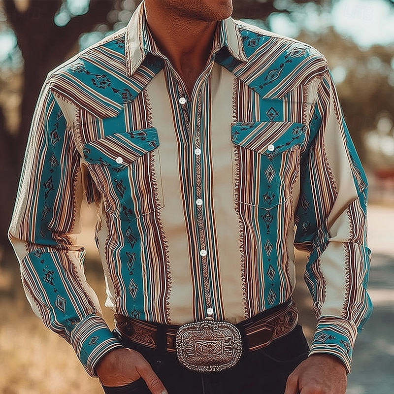 Men's Geometric Striped Color-blocking Shirt Western Shirt Cowboy Shirt Long Sleeve Vintage Retro Outdoor Daily WorkWear Fall & Winter Turndown 3D Print Front Two Pockets Button Up Shirts Blue Sky4