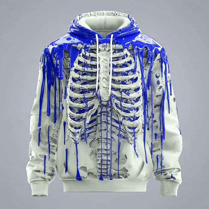 Halloween Men's 3D Skeleton Hoodie Sweatshirt Punk Exaggerated Crew Neck Club Streetwear Lake blue Red Drawstring Fall Winter Designer2