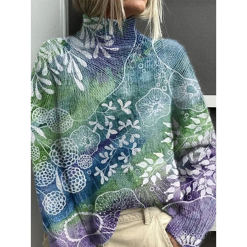 Women's Pullover Vacation Daily Floral Color Gradient Ribbed Turtleneck Knitted Print Long Sleeve Regular Tops Knit Outdoor Daily Holiday Blue Green Fall Winter3