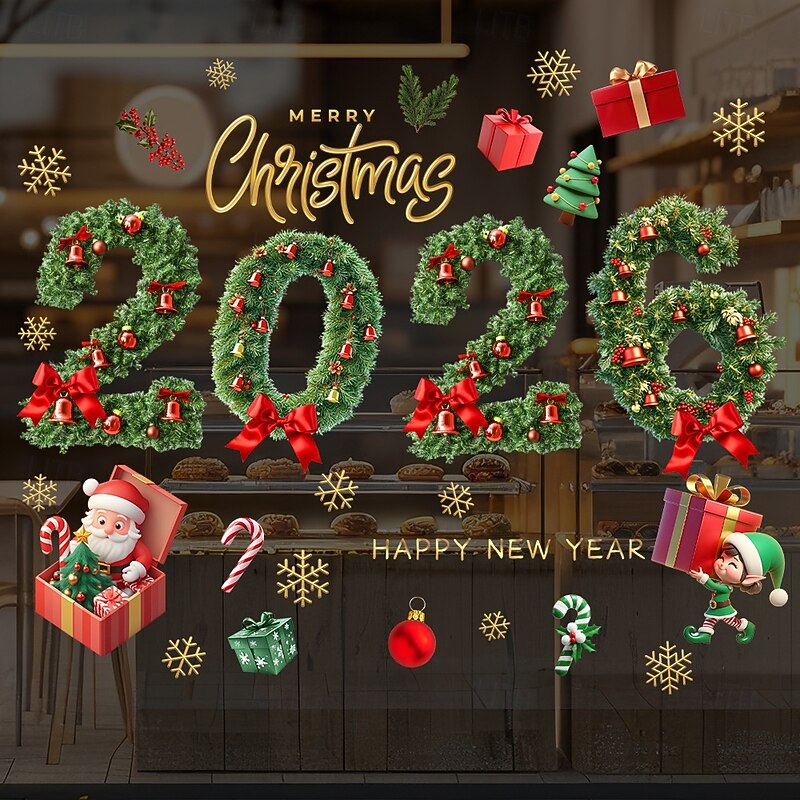Christmas Window Clings Xmas Wall Sticker 2026 Holiday Decorations Green Pine Needle Bell Reusable Static Clings Non Adhesive Glass Stickers Indoor Outdoor Festive Door Window Decor