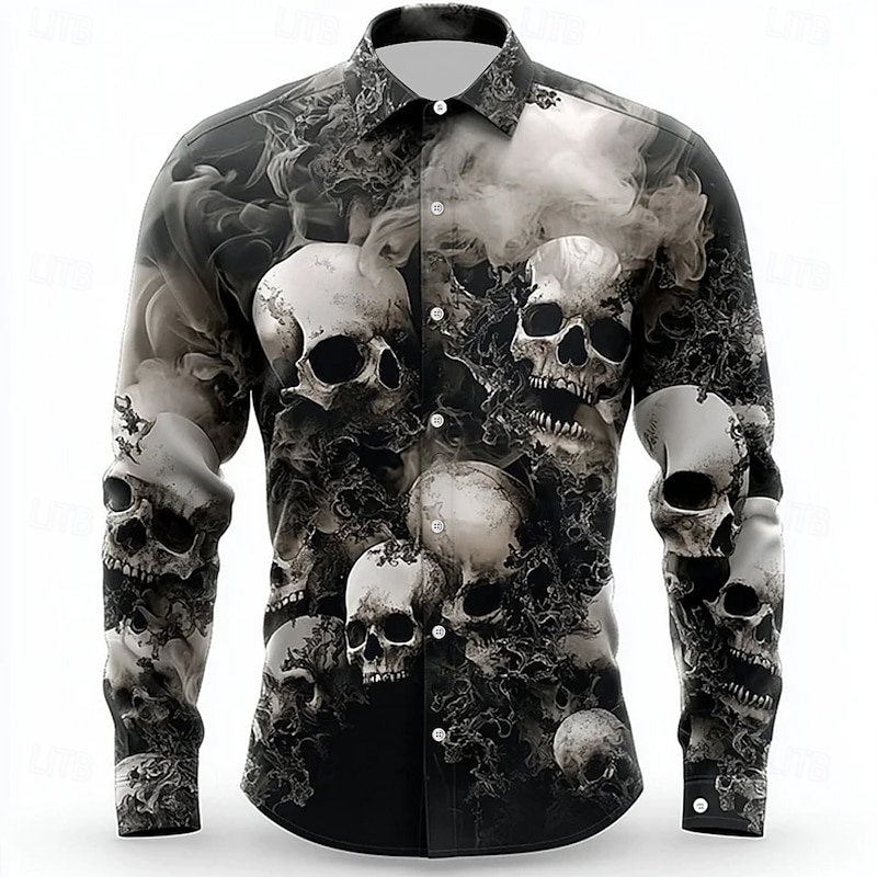 Halloween Men's Halloween Costumes Skulls Shirt Button Up Shirt Casual Dress Shirt Long Sleeve Dark Gothic Style Holiday Summer Spring Turndown 3D Print Collared Shirts White 1 Black White