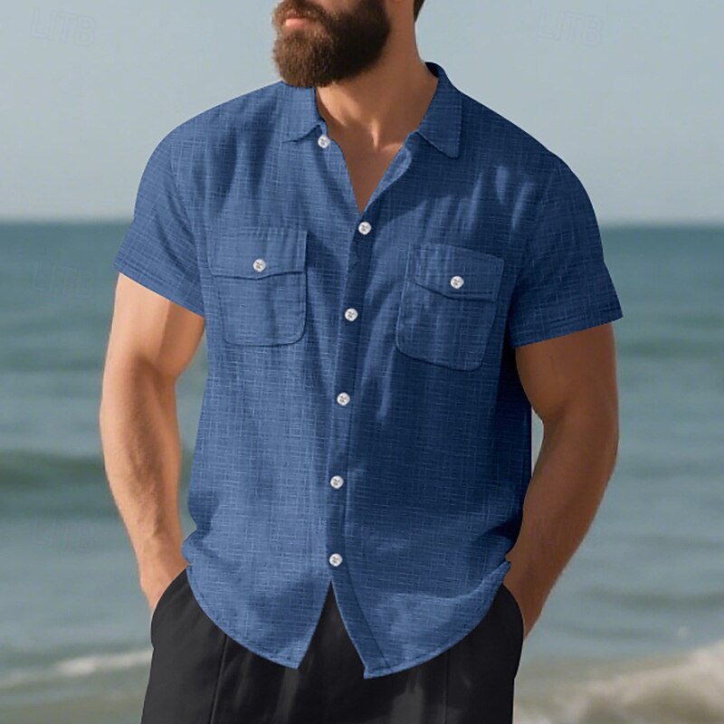 Men's Shirt Summer Shirt Casual Shirt Beach Shirt Button Up Shirt Black White Navy Blue Apricot Gray Short Sleeve Plain Lapel Vacation Hawaiian Pocket Clothing Apparel Polyester Fashion Casual3