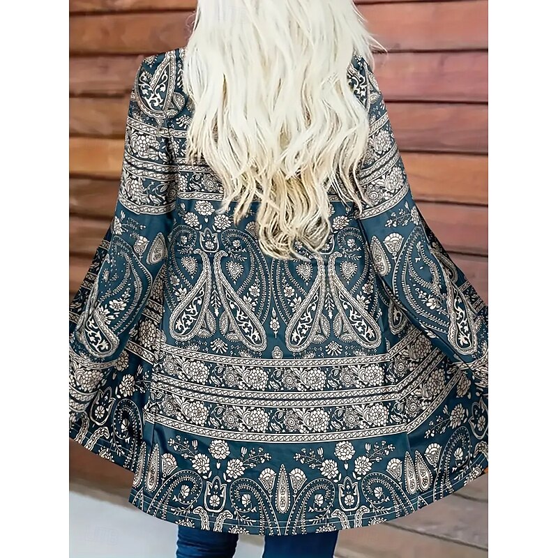 Women's Winter Coat Trench Coat Lightweight Comfortable Print Open Front Vintage Fashion Casual Floral Vacation Casual Long Collarless Regular Fit Long Sleeve Outerwear Blue Purple Green Spring Fall2