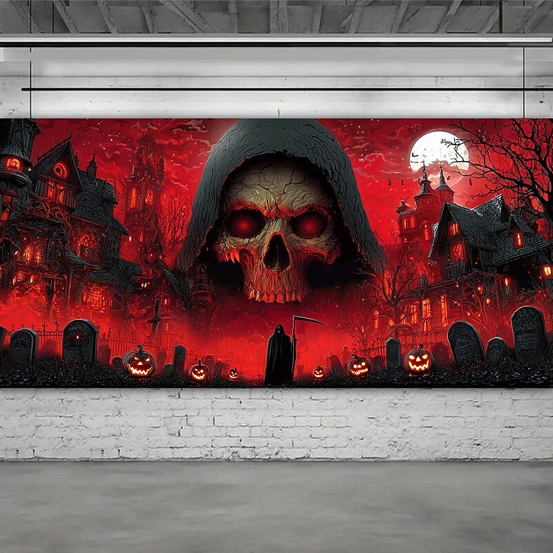 Halloween Garage Door Cover Grim Reaper Skull Banner Haunted House Cemetery Scene Horror Spooky Backdrop Tapestry for Outdoor Wall Fence Decoration3